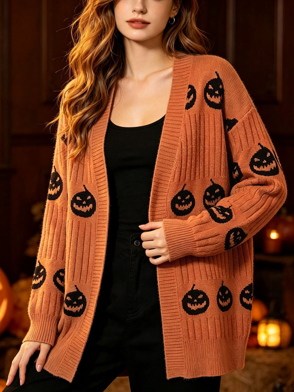 Halloween Pumpkin Face Ribbed Knit Button Cardigan - Orange