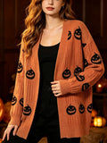 Halloween Pumpkin Face Ribbed Knit Button Cardigan - Orange