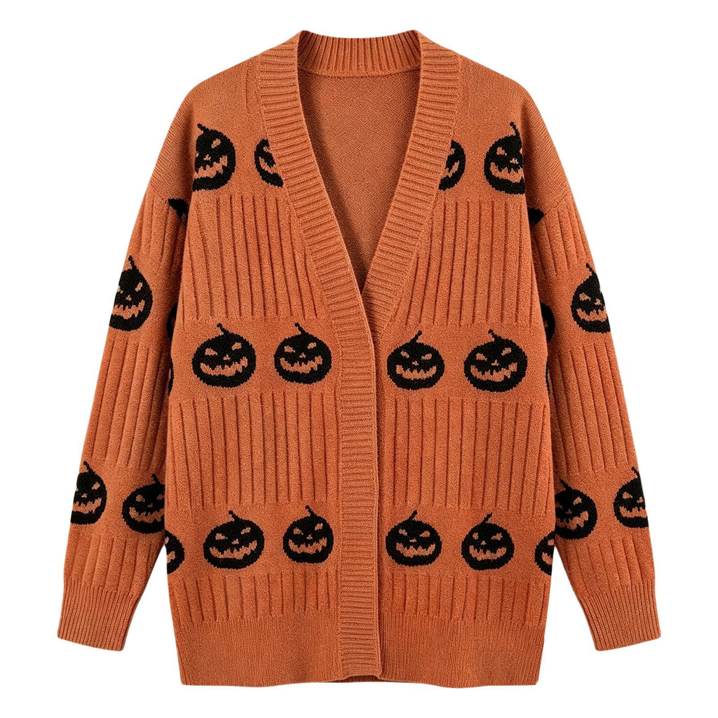 Halloween Pumpkin Face Ribbed Knit Button Cardigan - Orange - 1