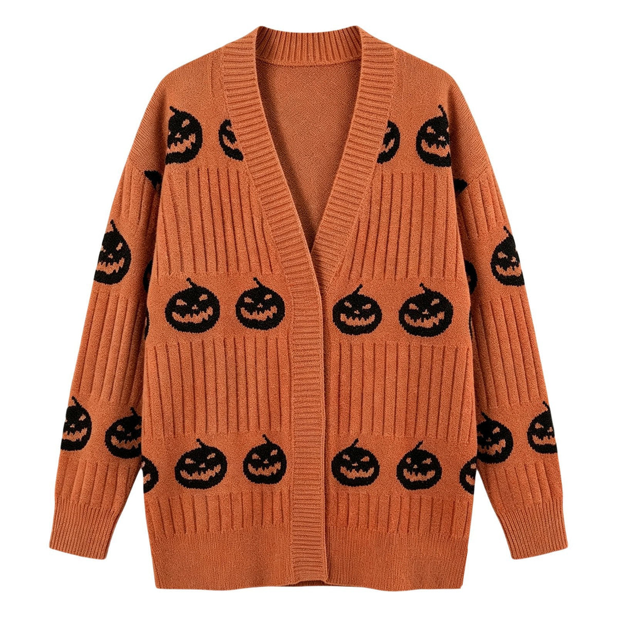 Halloween Pumpkin Face Ribbed Knit Button Cardigan - Orange - 1