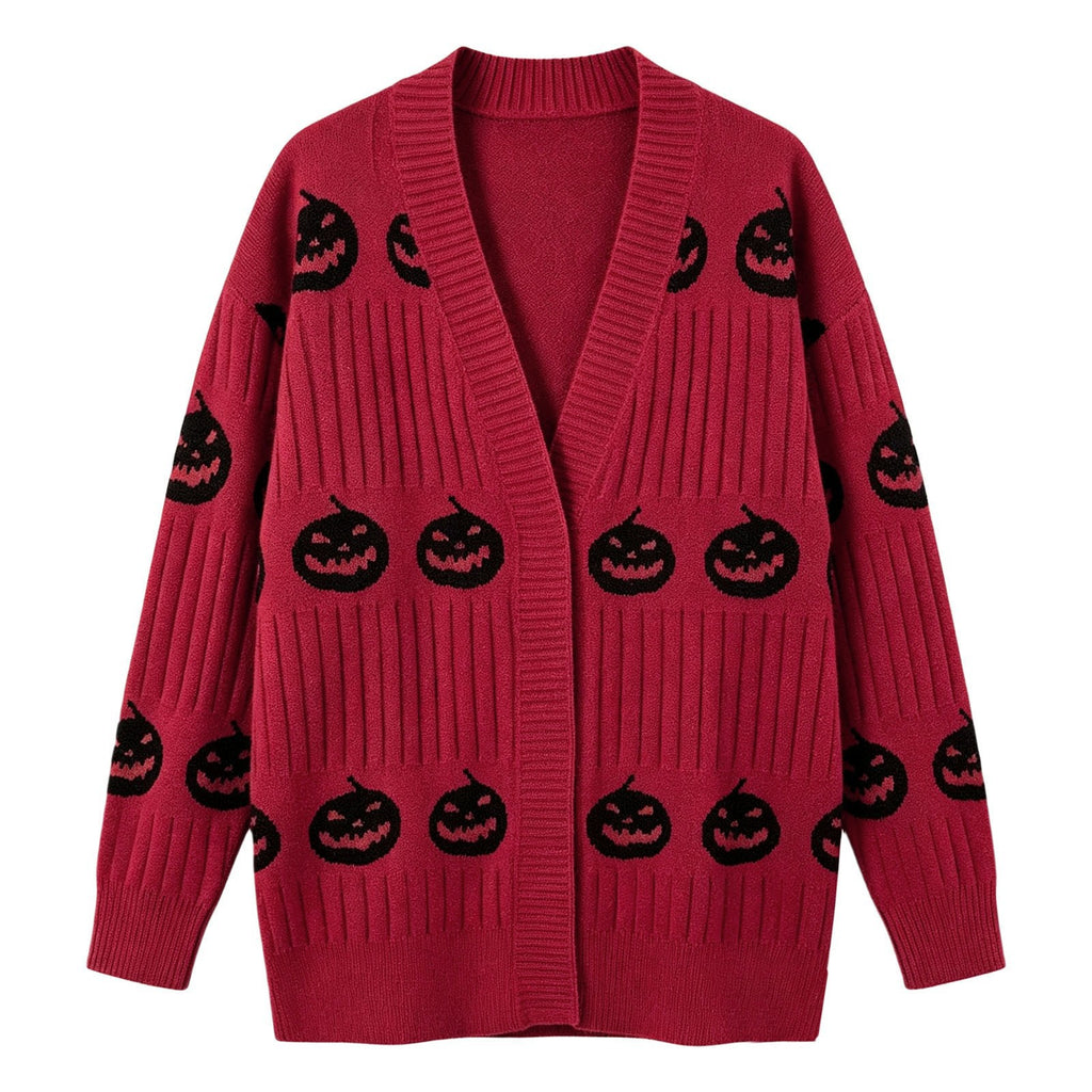 Halloween Pumpkin Face Ribbed Knit Button Cardigan - Red