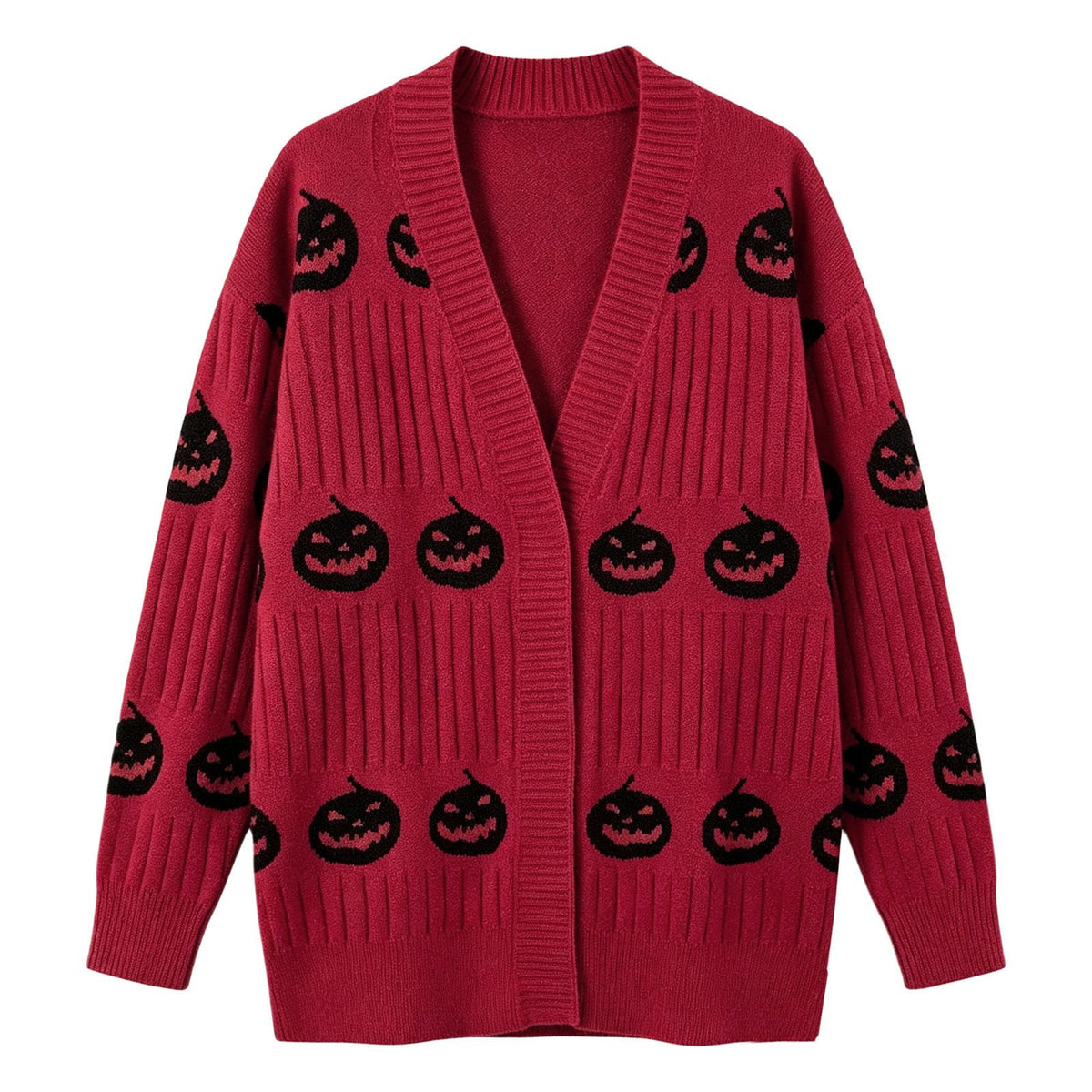 Halloween Pumpkin Face Ribbed Knit Button Cardigan - Red