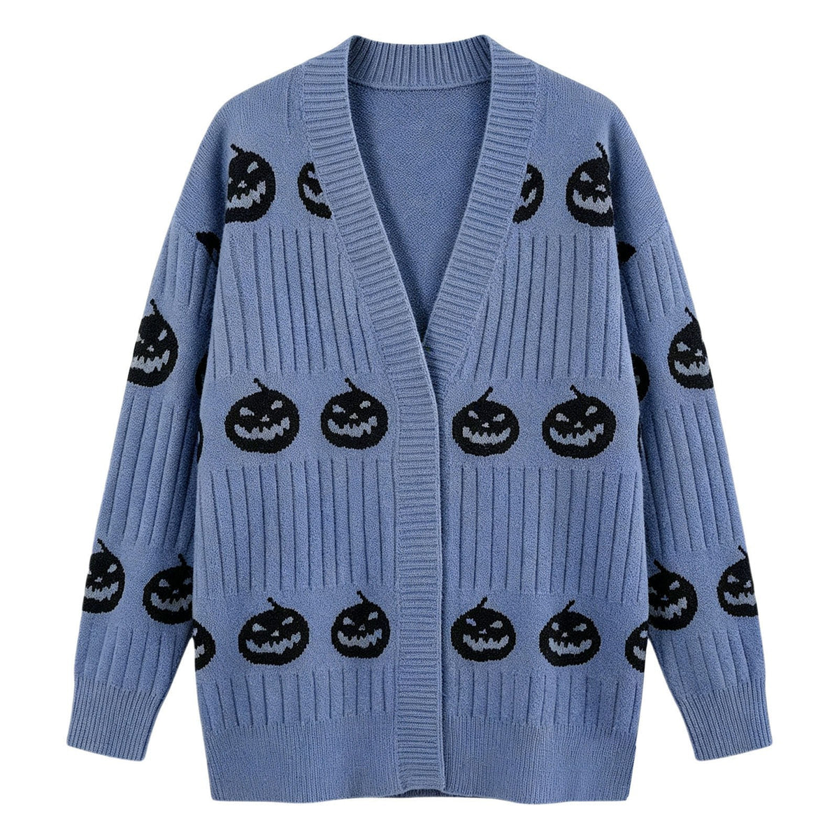 Halloween Pumpkin Face Ribbed Knit Button Cardigan - SeaBlue