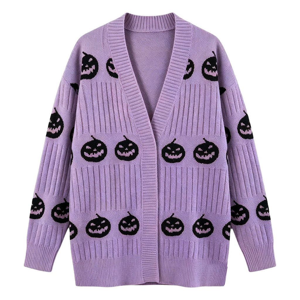 Halloween Pumpkin Face Ribbed Knit Button Cardigan - Violet