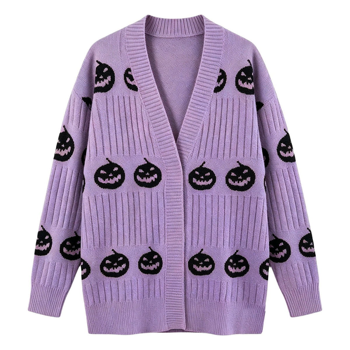 Halloween Pumpkin Face Ribbed Knit Button Cardigan - Violet
