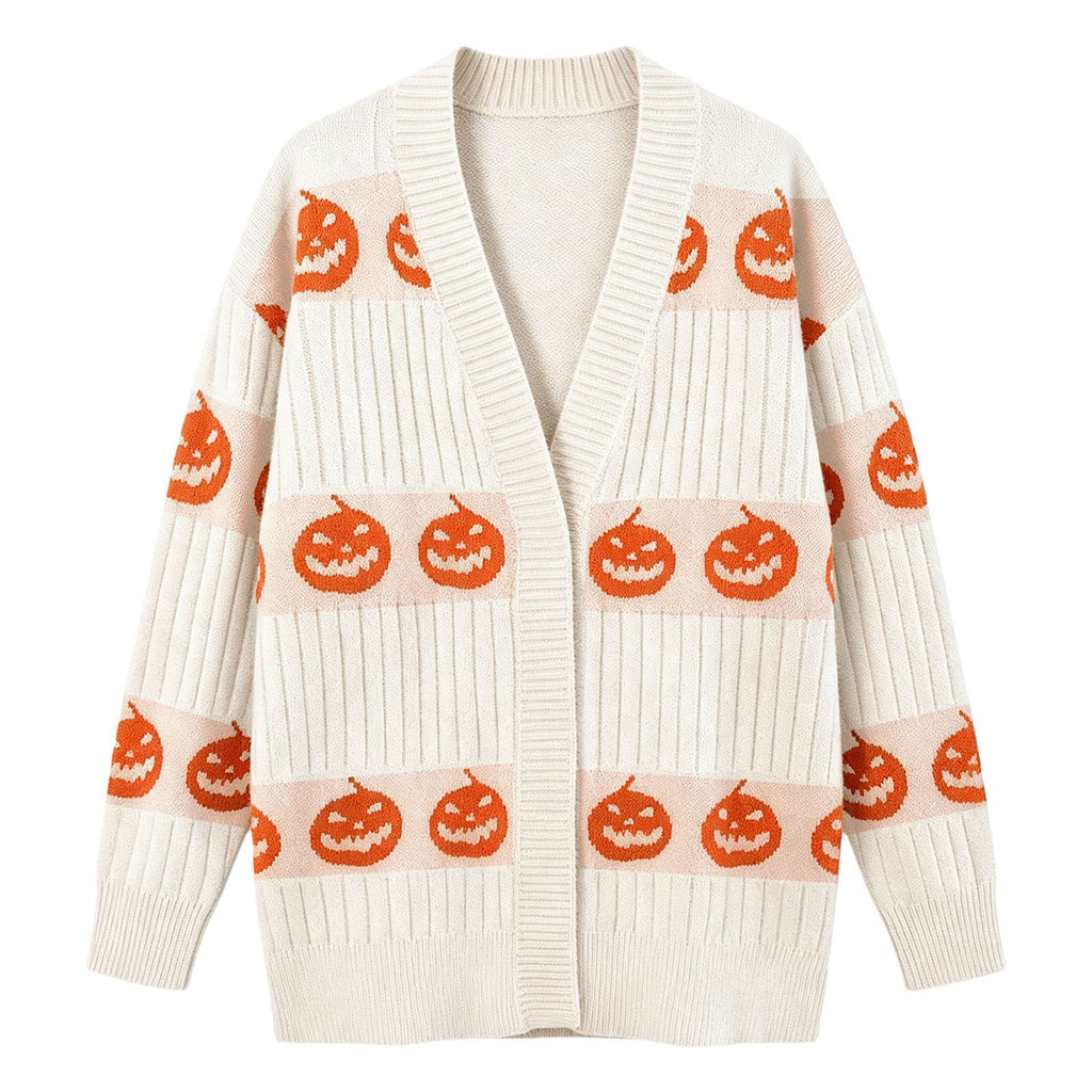 Halloween Pumpkin Face Ribbed Knit Button Cardigan - White