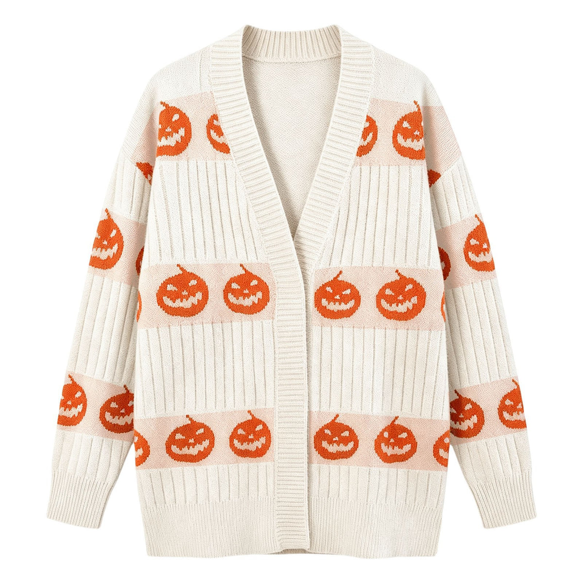 Halloween Pumpkin Face Ribbed Knit Button Cardigan - White