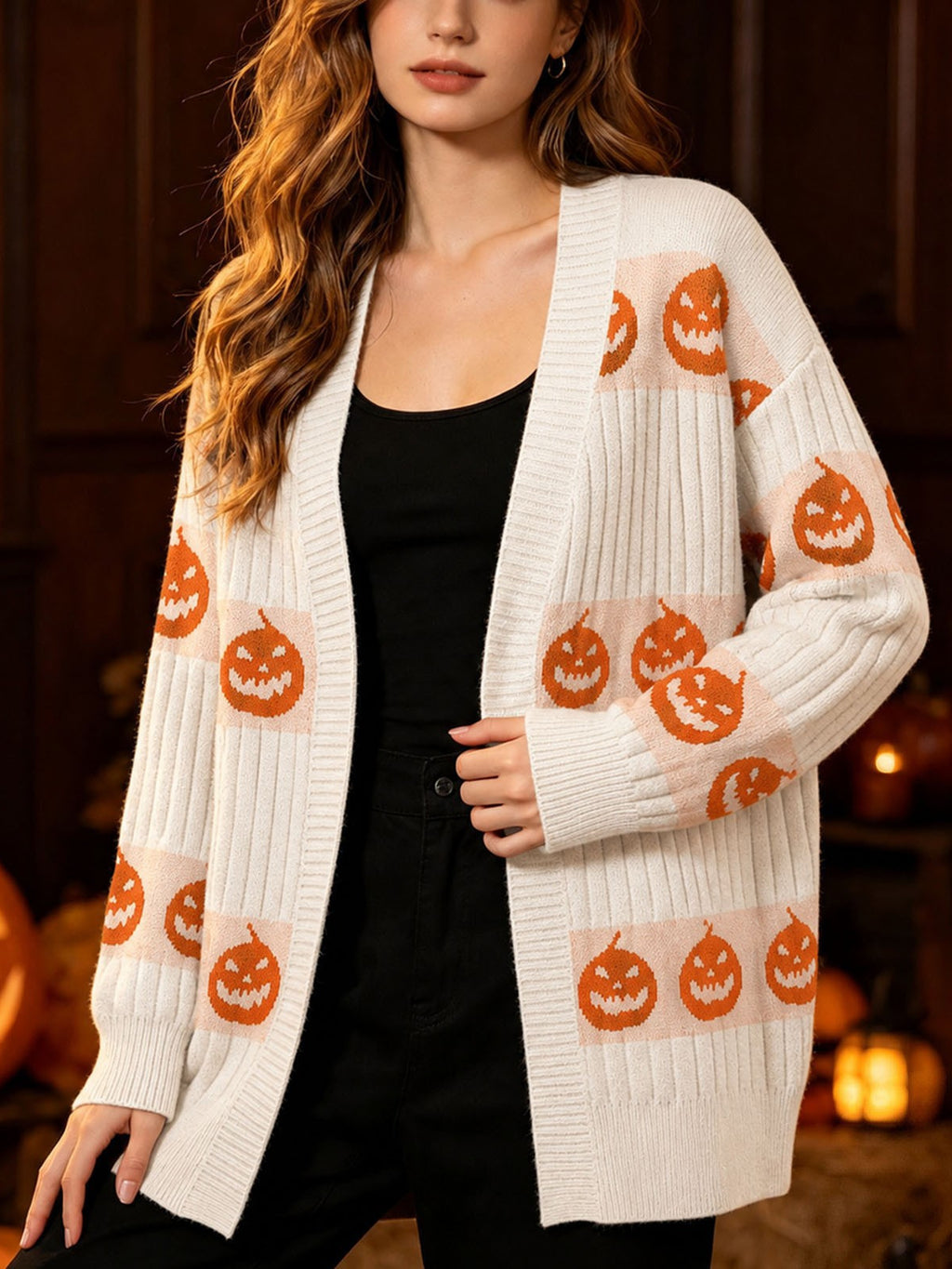Halloween Pumpkin Face Ribbed Knit Button Cardigan - White - 1