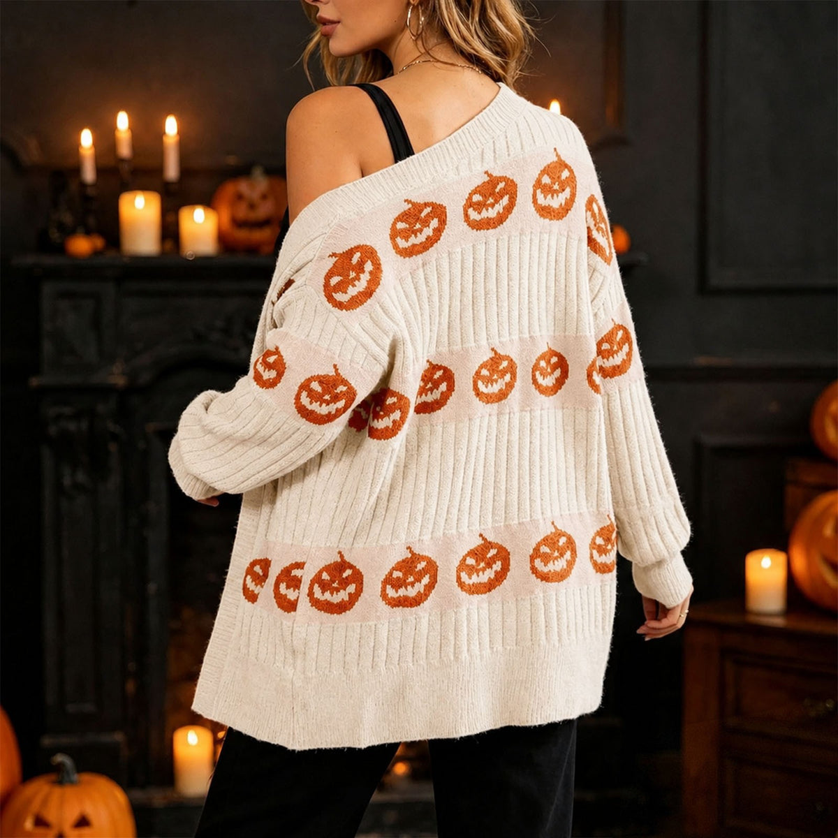 Halloween Pumpkin Face Ribbed Knit Button Cardigan - White - 2
