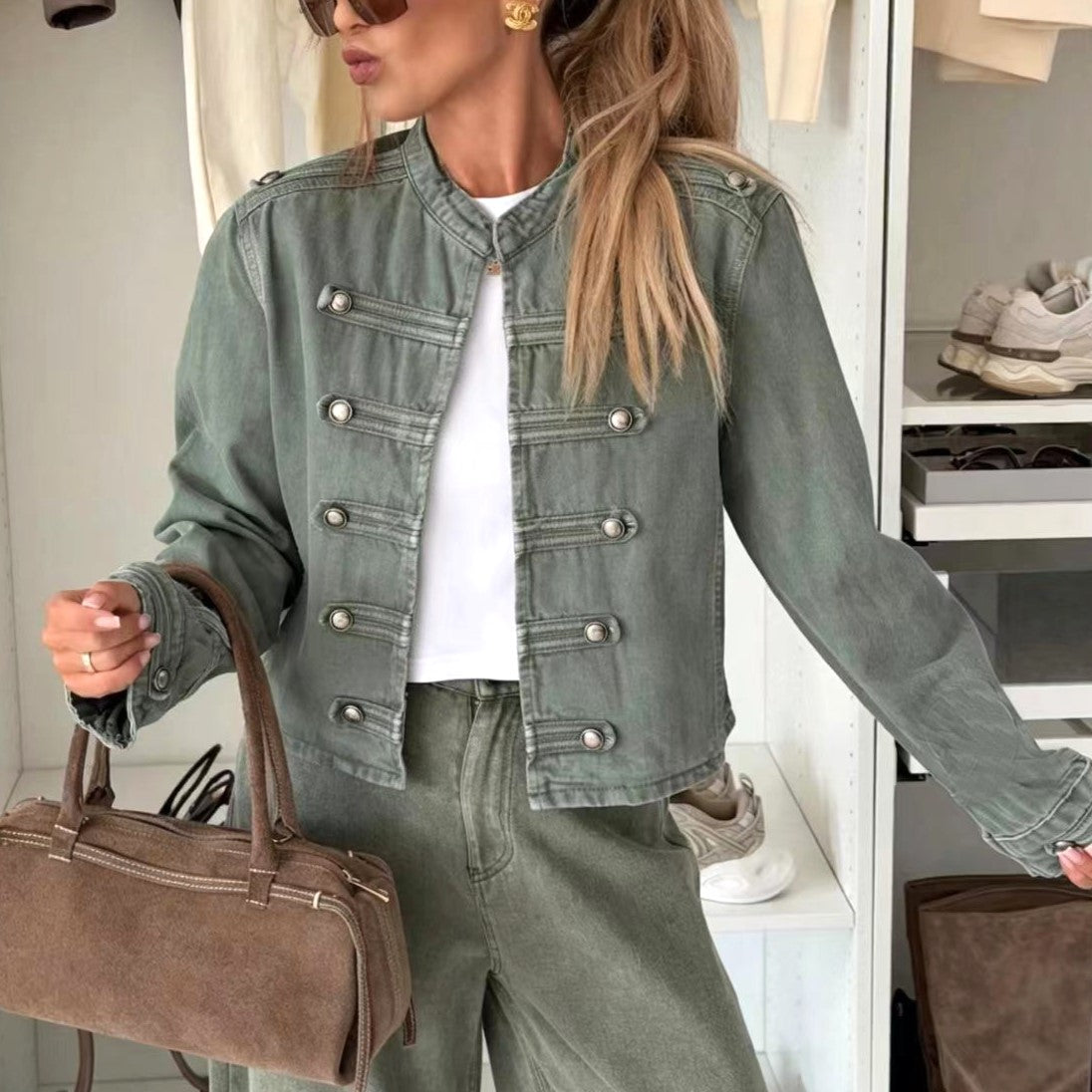 Cropped Military Band Collar Jacket for Women - Green