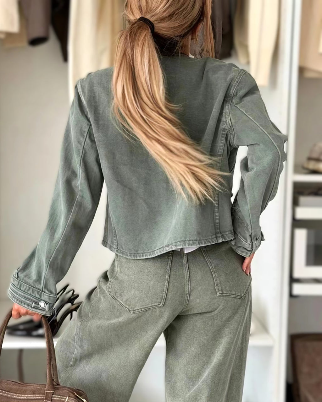 Cropped Military Band Collar Jacket for Women - Green - 1