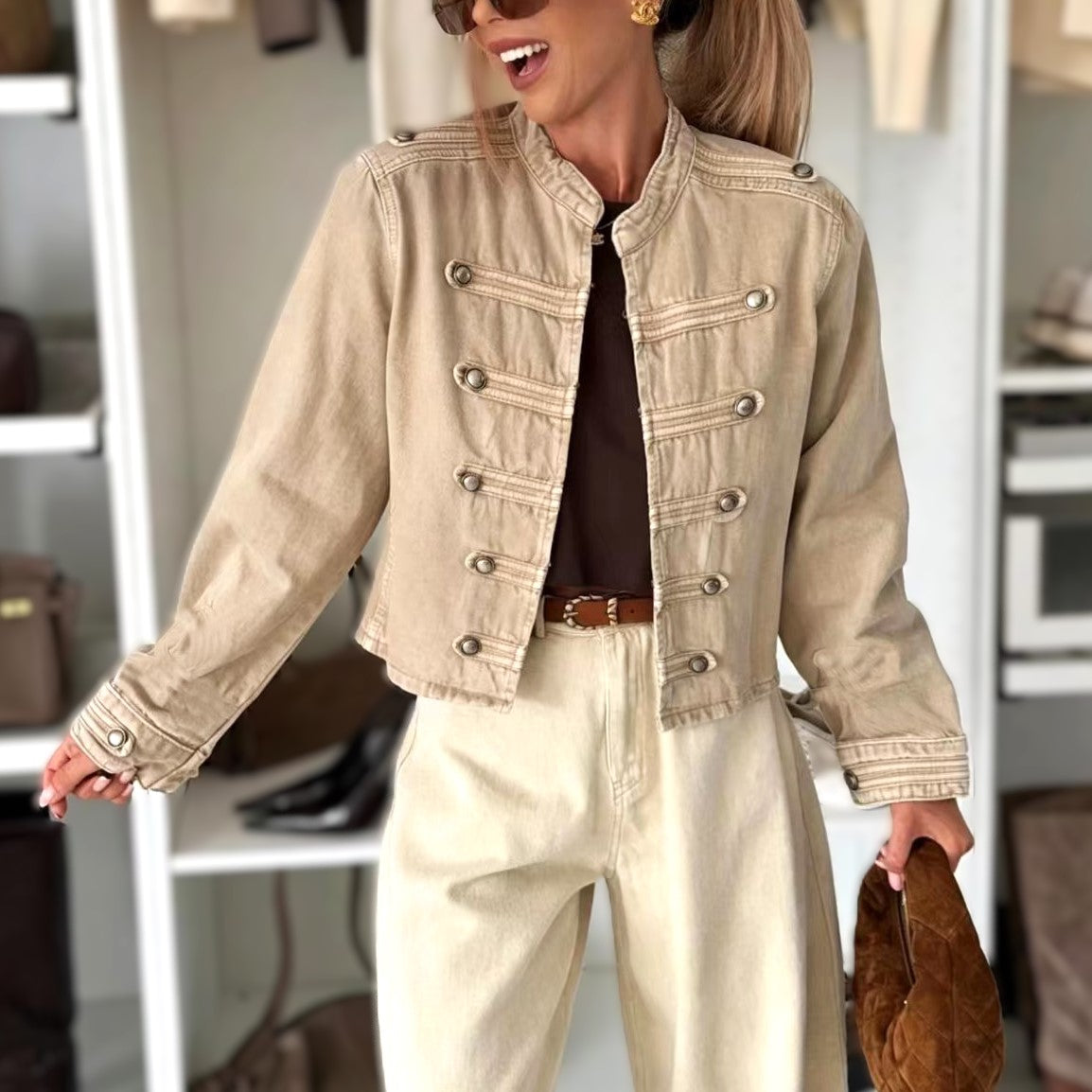 Cropped Military Band Collar Jacket for Women - Khaki