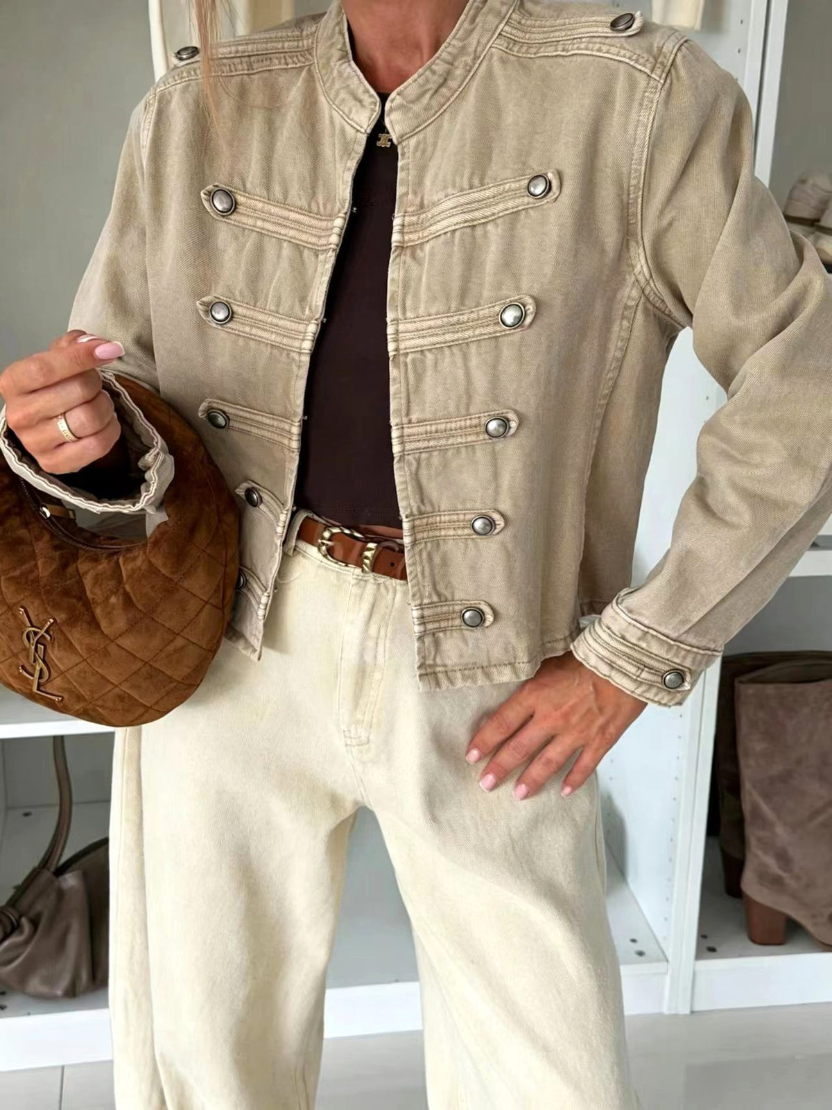 Cropped Military Band Collar Jacket for Women - Khaki - 1