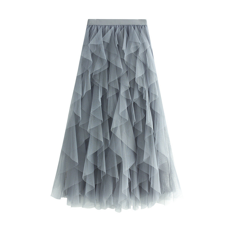 Wispy Tiered Tulle Midi Skirt - Grey