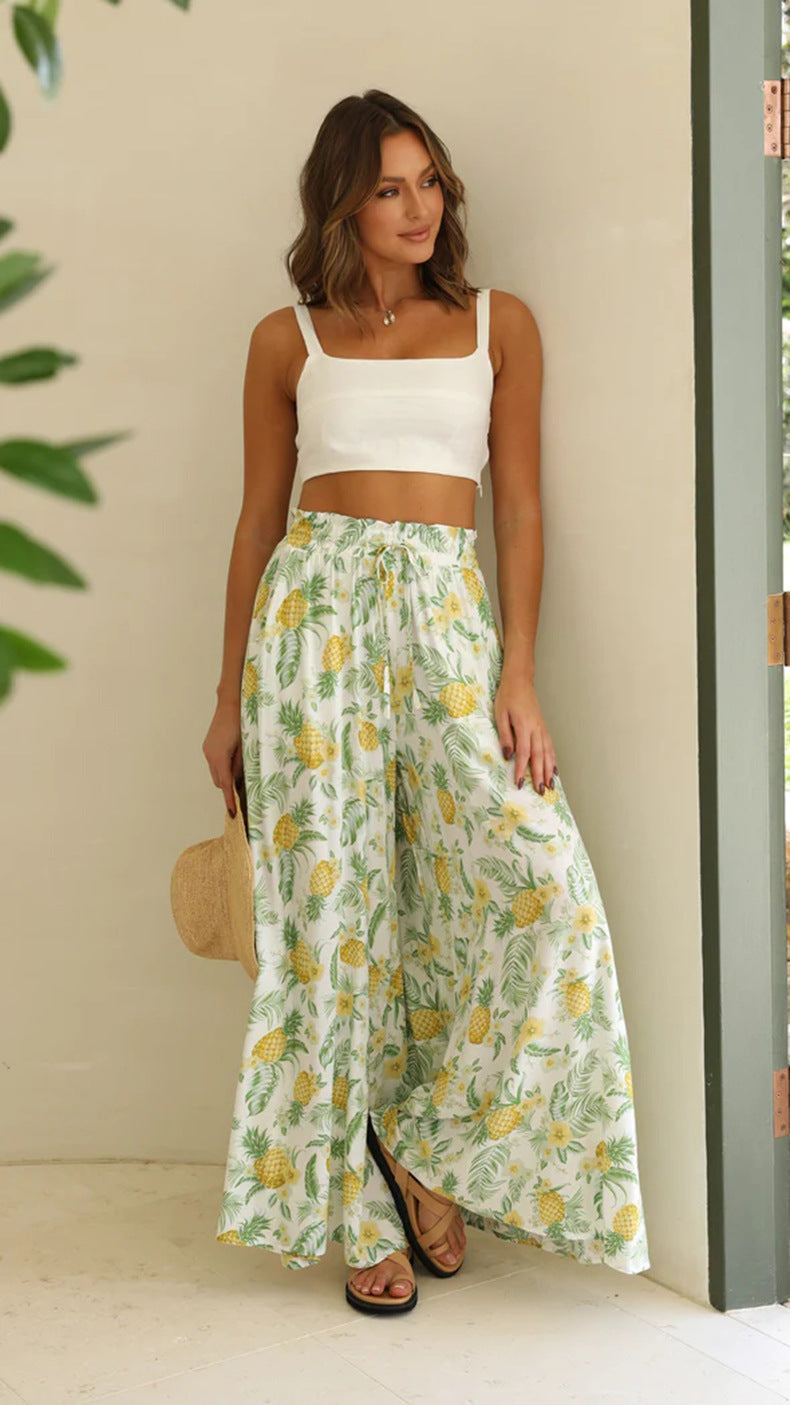 Printed Palazzo Wide Leg Beach Pants - Green