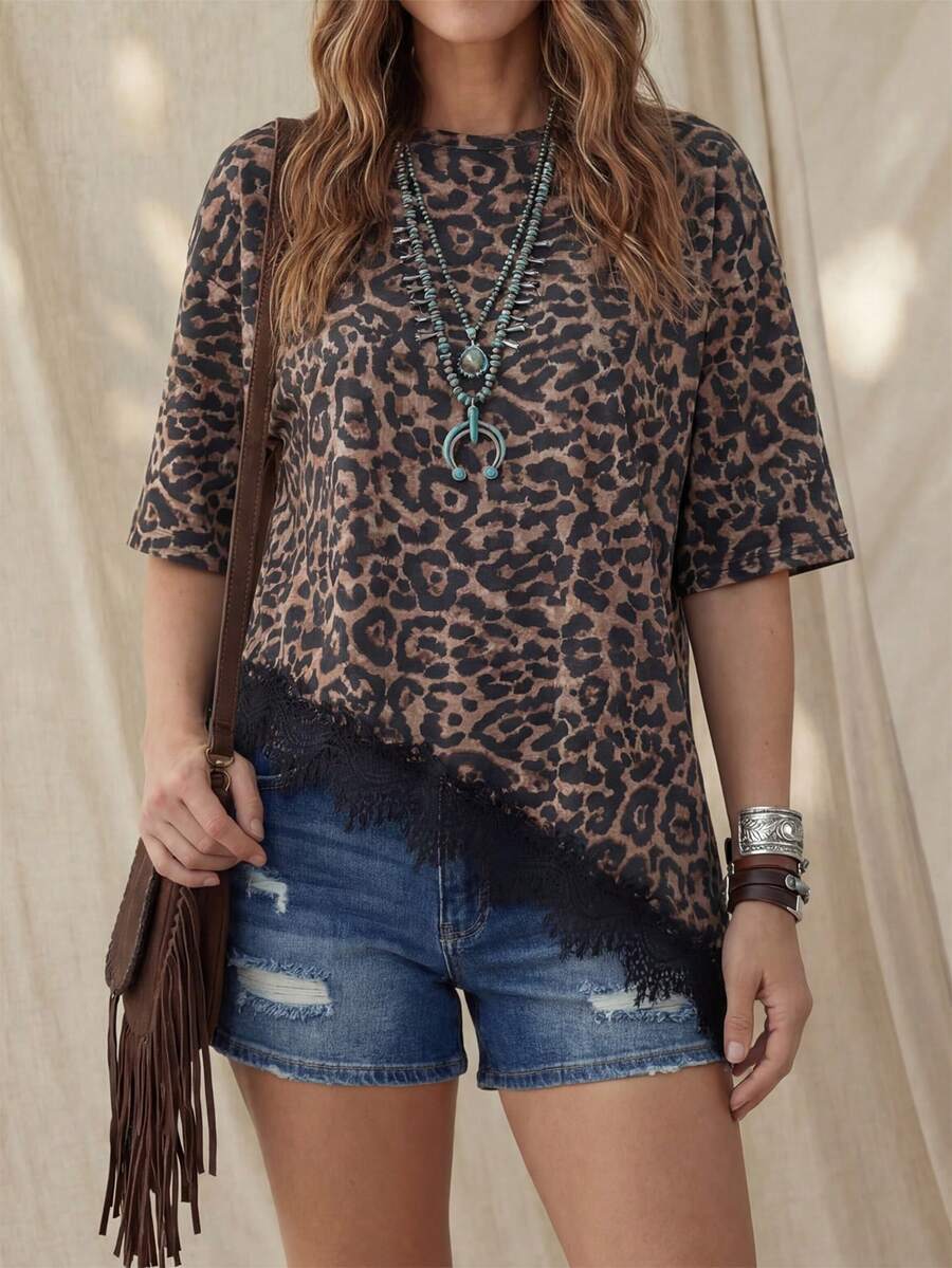 Lace Trim Asymmetric Hem Oversized T-Shirt - Leopard - 1