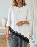 Lace Trim Asymmetric Hem Oversized T-Shirt - White
