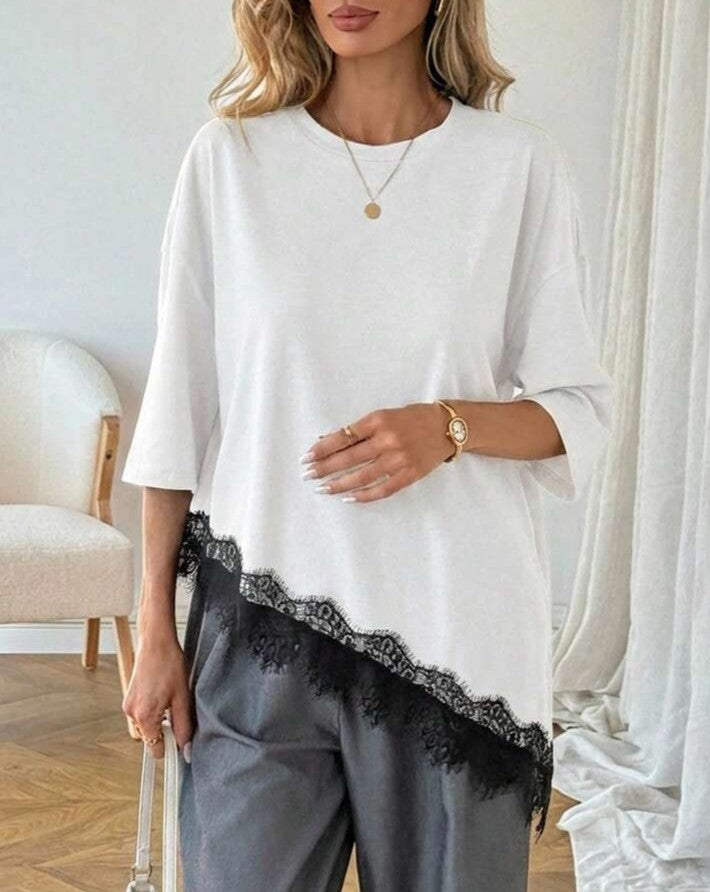 Lace Trim Asymmetric Hem Oversized T-Shirt - White