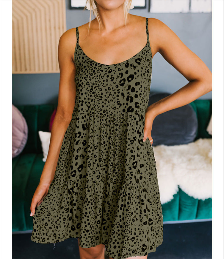 Leopard Spot Strappy Tiered Mini Dress - Green