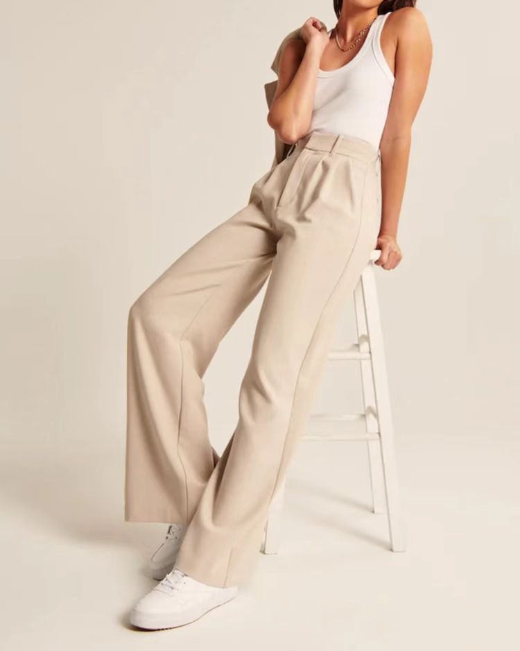 High Waist Pleated Wide Leg Trousers - Begie