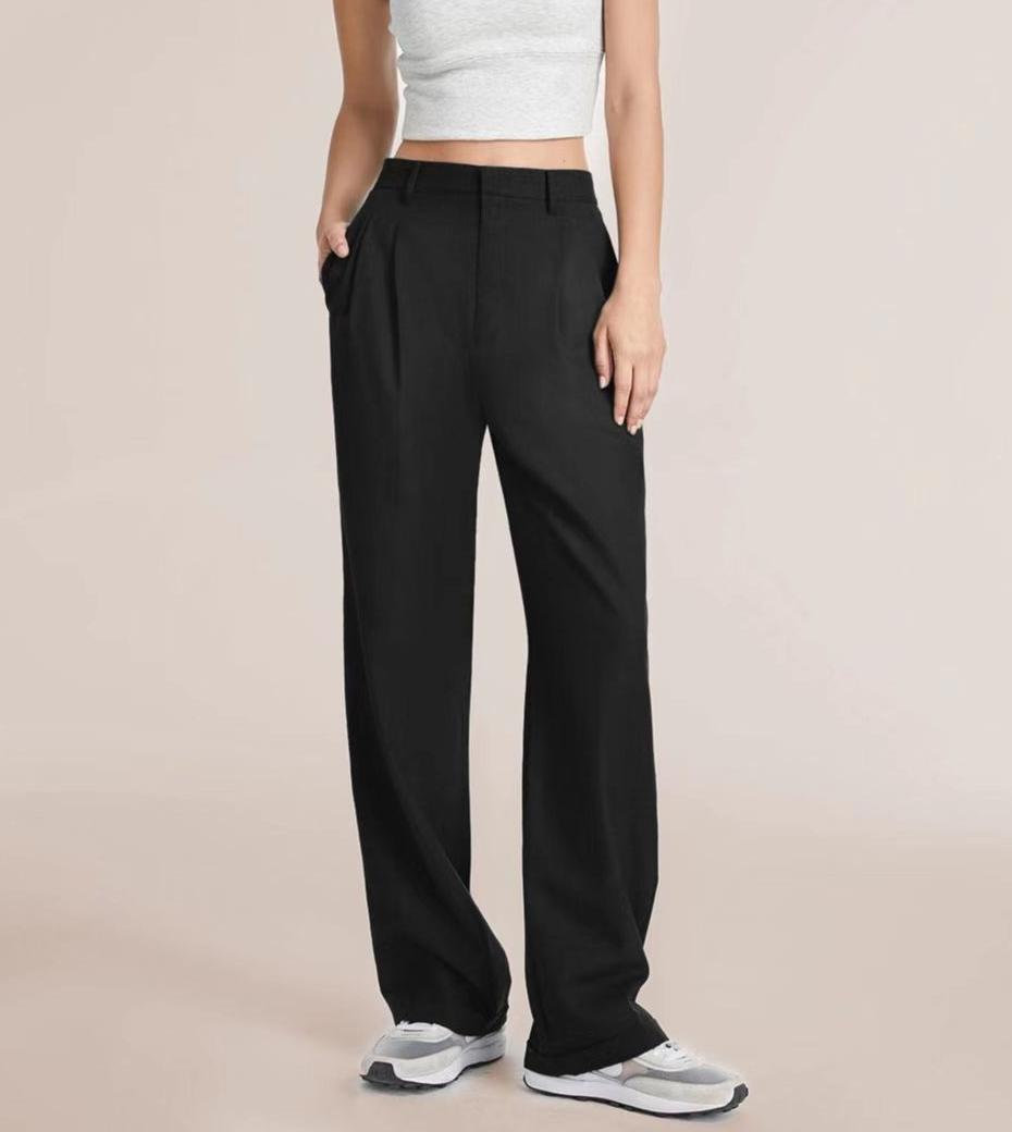 High Waist Pleated Wide Leg Trousers - Black