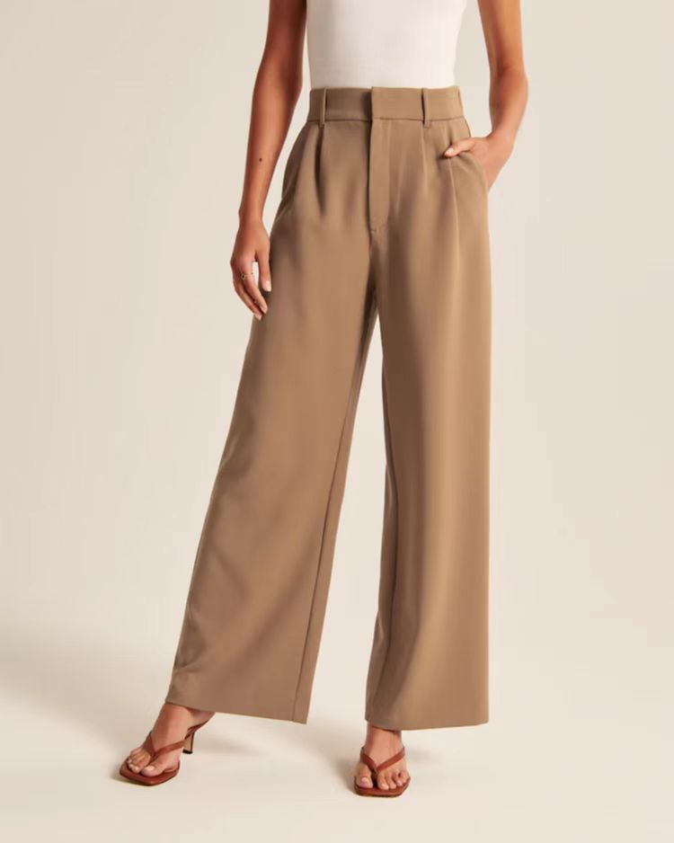 High Waist Pleated Wide Leg Trousers - Khaki