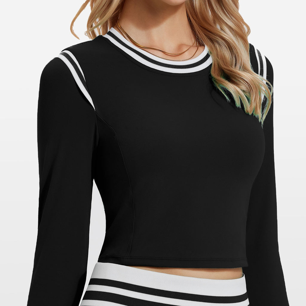 Striped Trim Brushed Cropped Long Sleeve Tennis Top