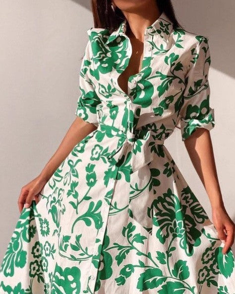 Tropical Floral Belted Maxi Shirt Dress - White - 1