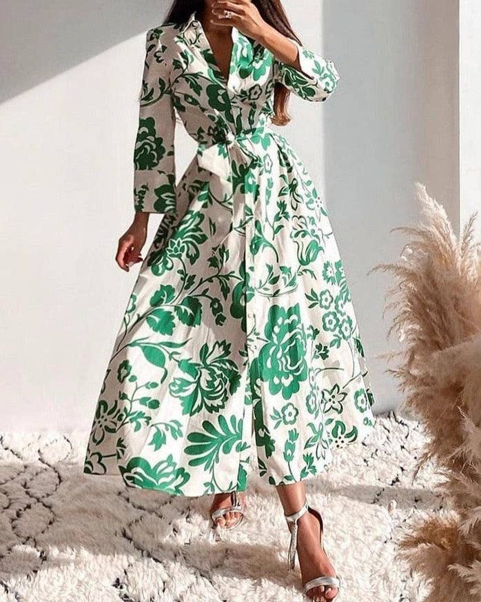 Tropical Floral Belted Maxi Shirt Dress
