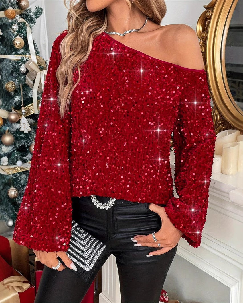 Red Sequin One Shoulder Party Blouse - Red