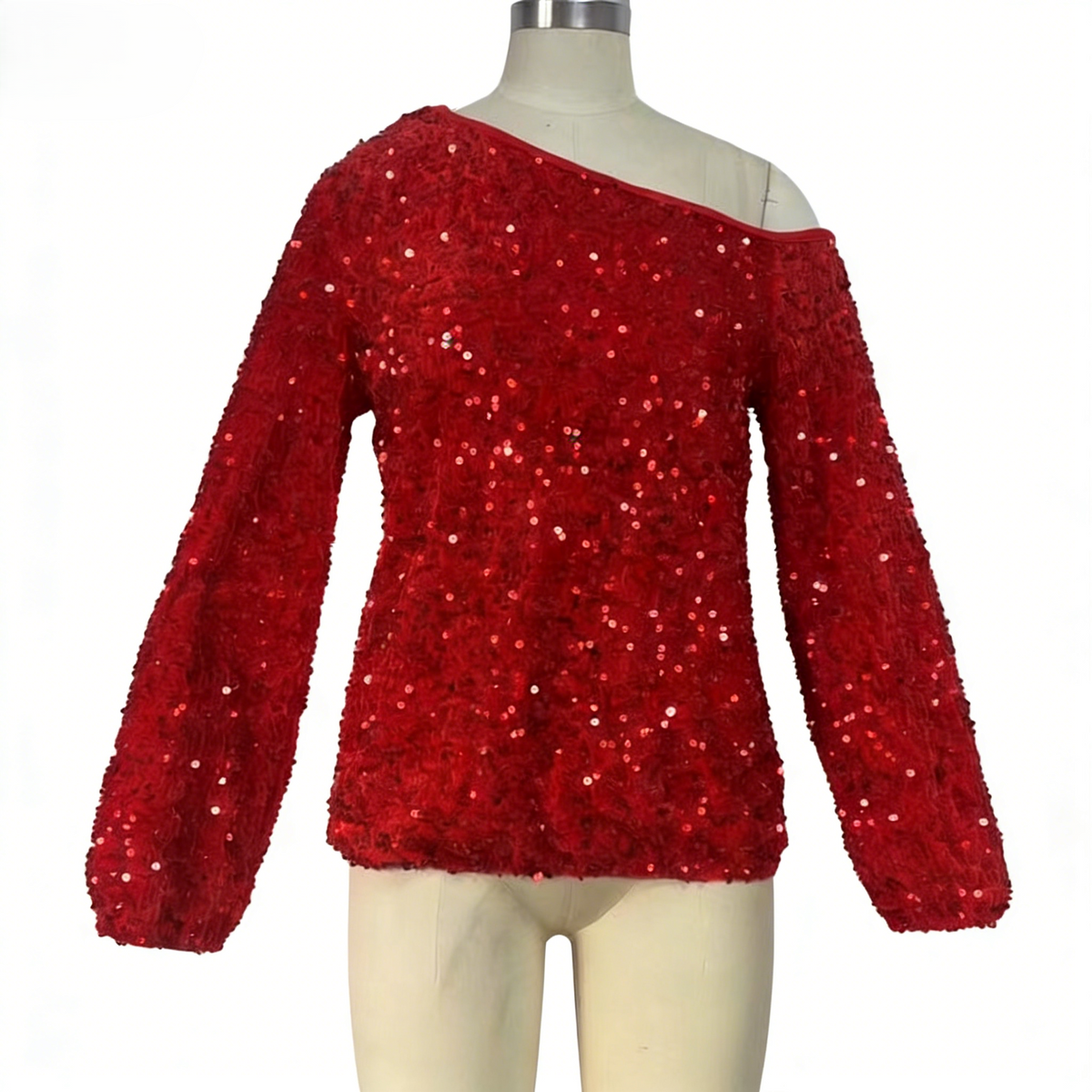Red Sequin One Shoulder Party Blouse - Red - 2
