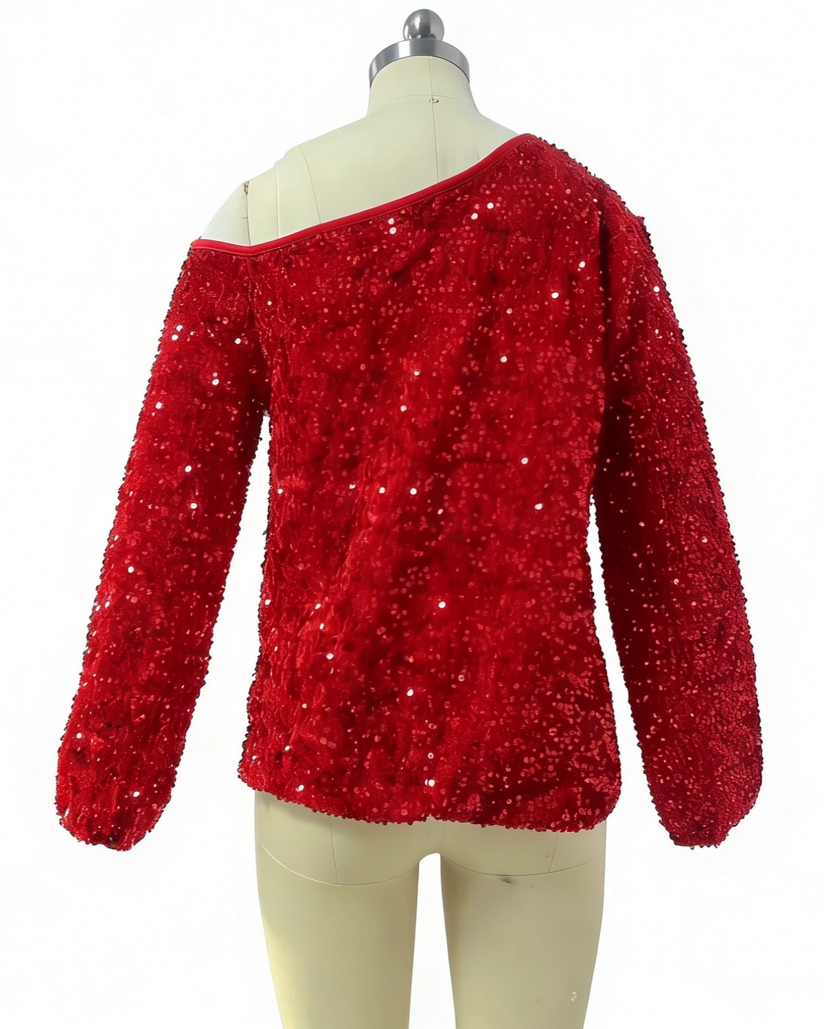 Red Sequin One Shoulder Party Blouse - Red - 4