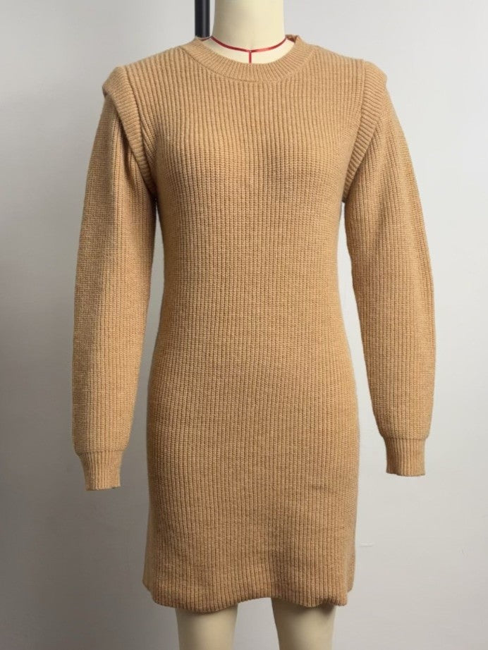 Puff Shoulder Ribbed Sweater Mini Dress - Khaki