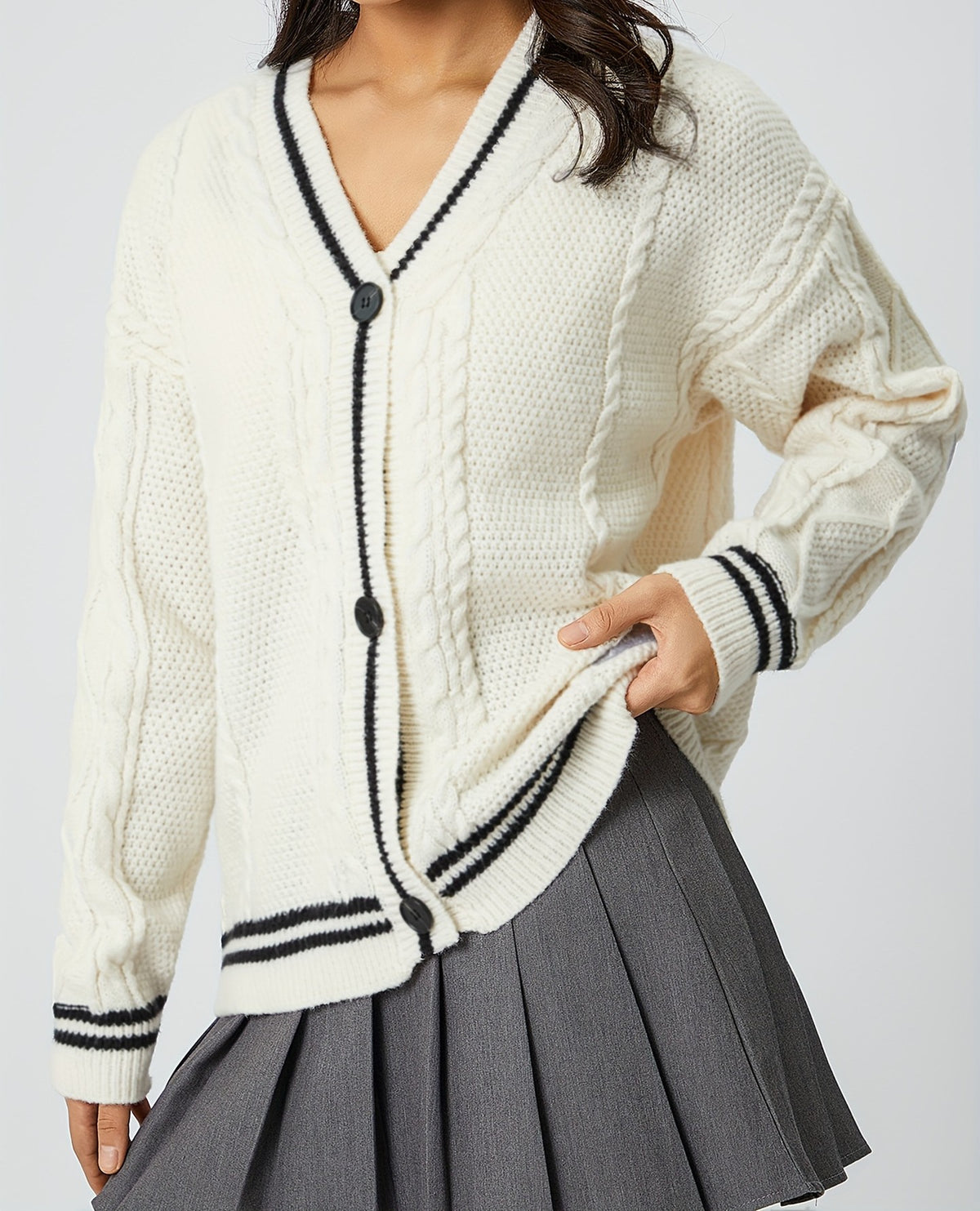 Star Embroidered Varsity Cable Knit Cardigan - Apricot_Black
