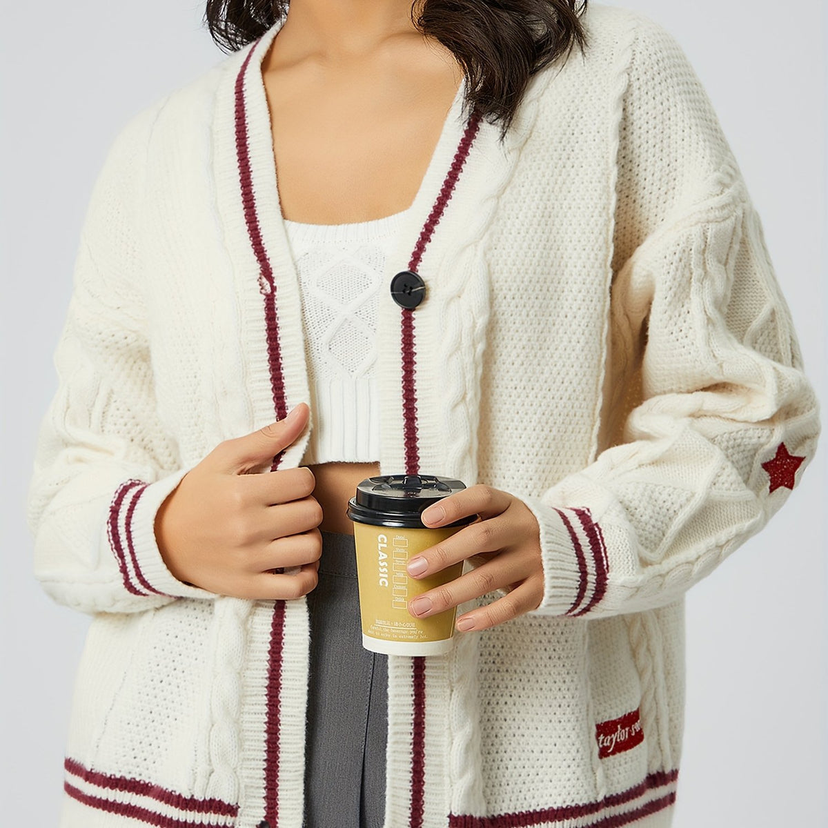 Star Embroidered Varsity Cable Knit Cardigan - Apricot_Red