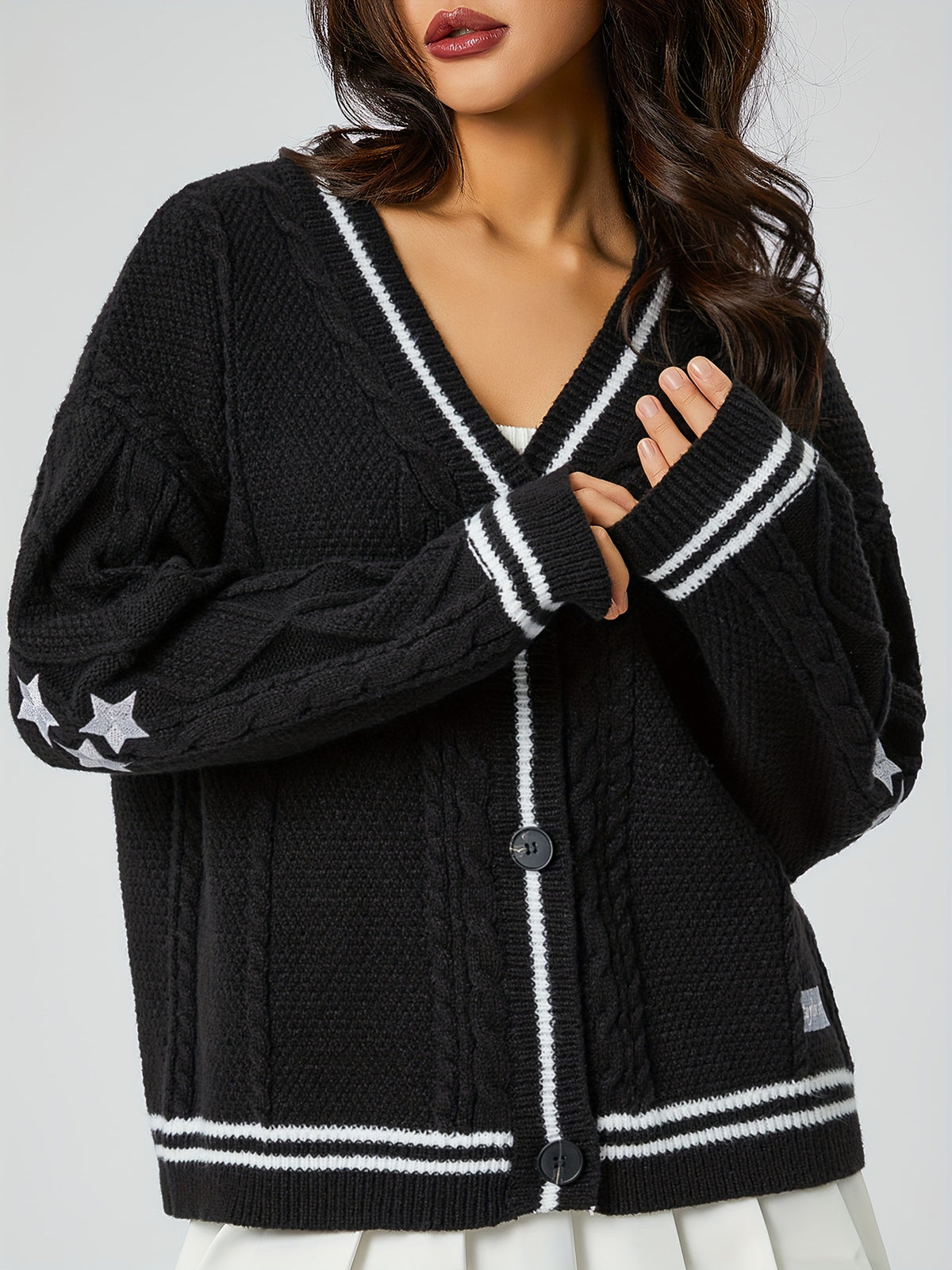 Star Embroidered Varsity Cable Knit Cardigan - black