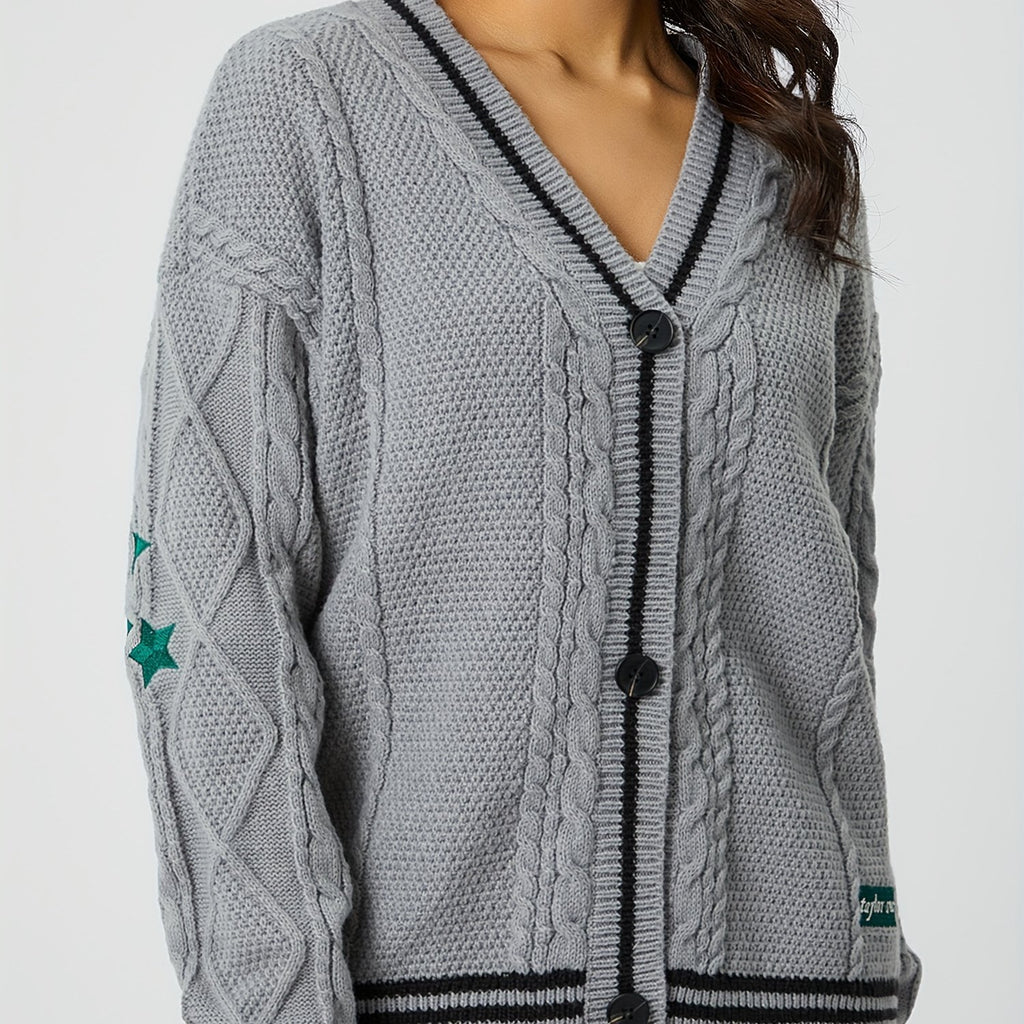 Star Embroidered Varsity Cable Knit Cardigan - grey