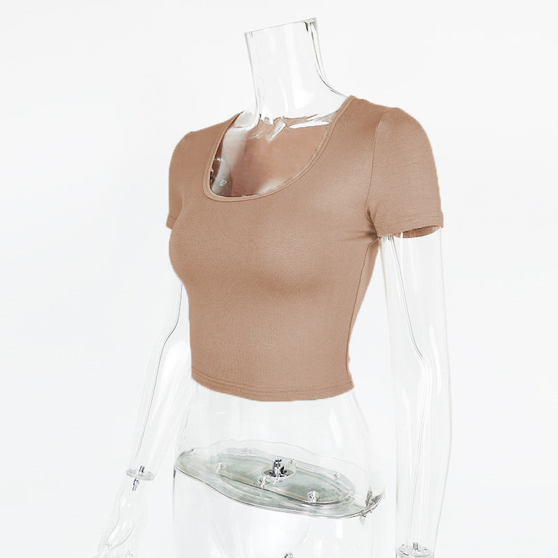 Scoop Neck Short Sleeve Crop Top - Apricot - 1
