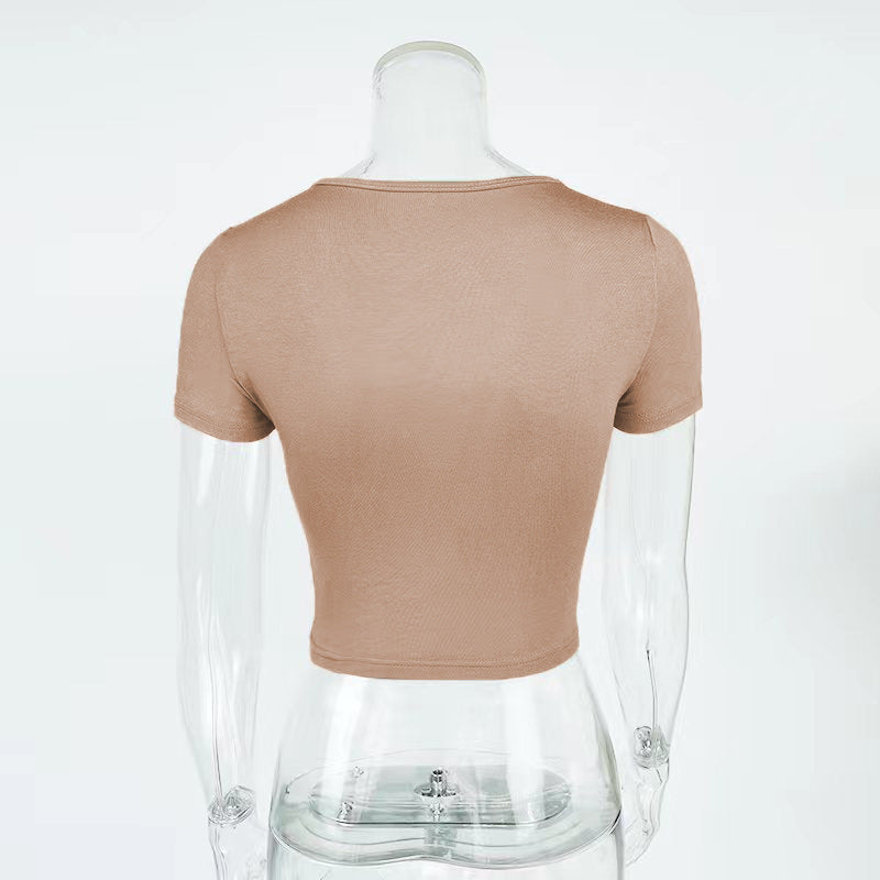 Scoop Neck Short Sleeve Crop Top - Apricot - 2