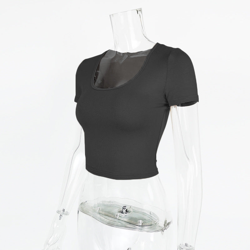 Scoop Neck Short Sleeve Crop Top - Black - 3