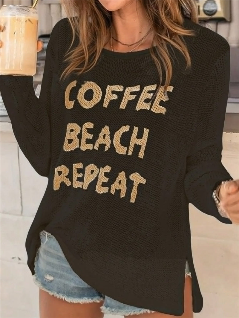 Coffee Slogan Sheer Knit Side Slit Top - Black