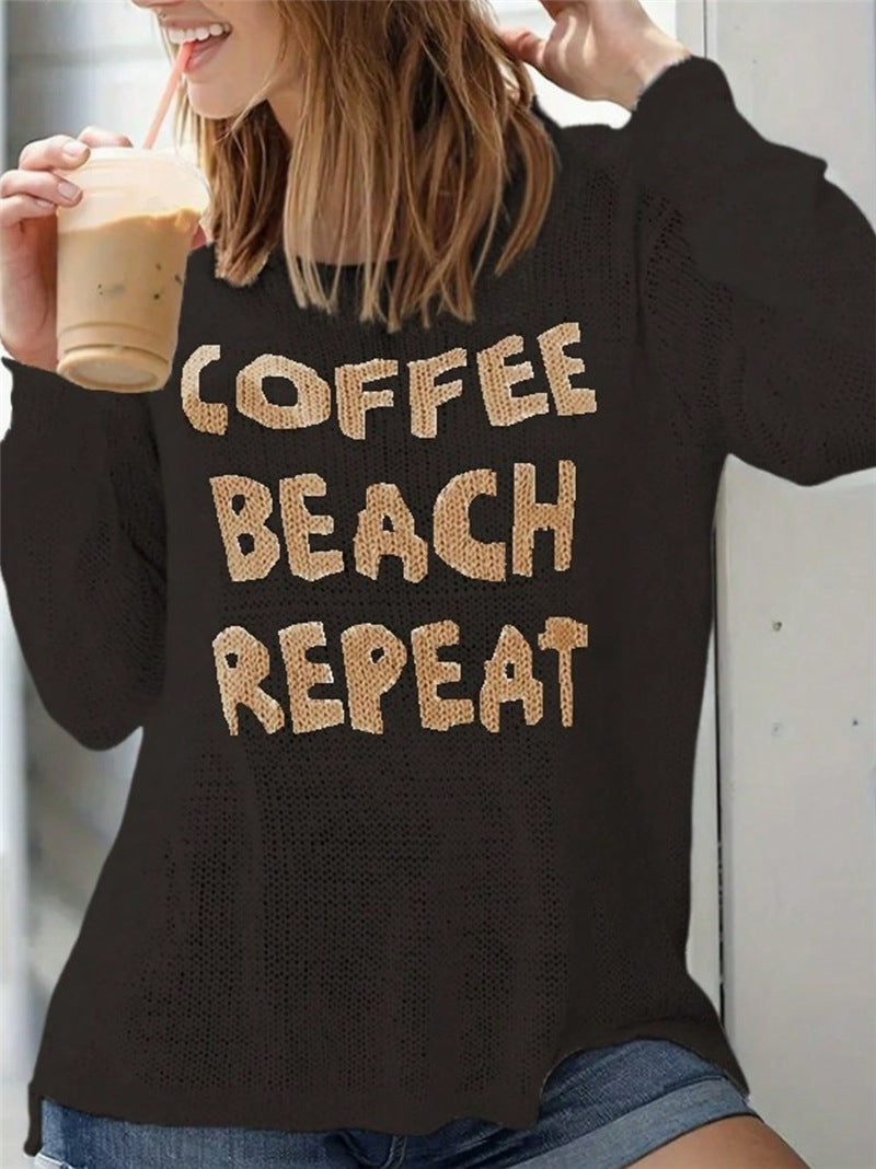 Coffee Slogan Sheer Knit Side Slit Top - Black - 1