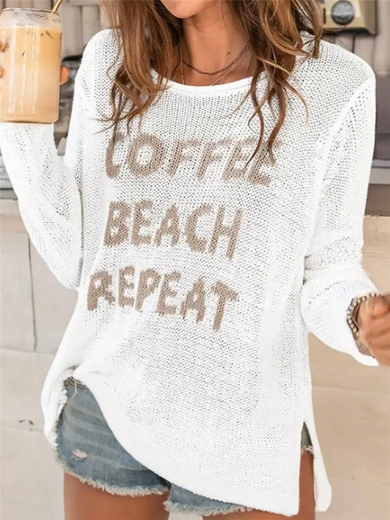 Coffee Slogan Sheer Knit Side Slit Top - White
