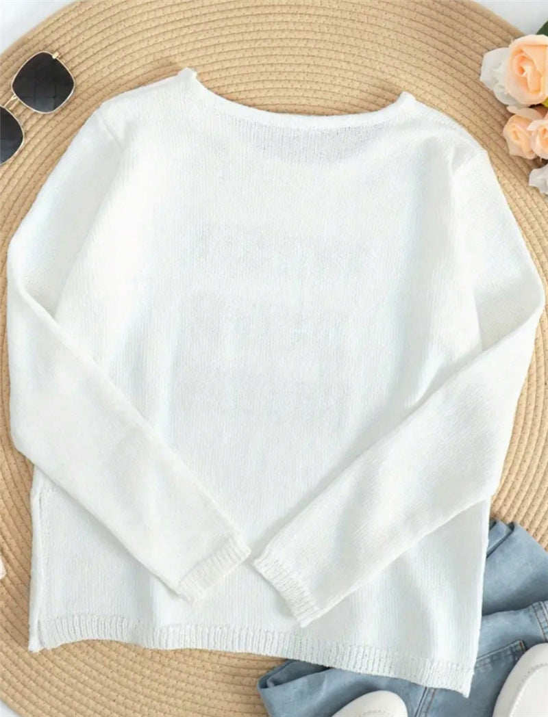 Coffee Slogan Sheer Knit Side Slit Top - White - 1