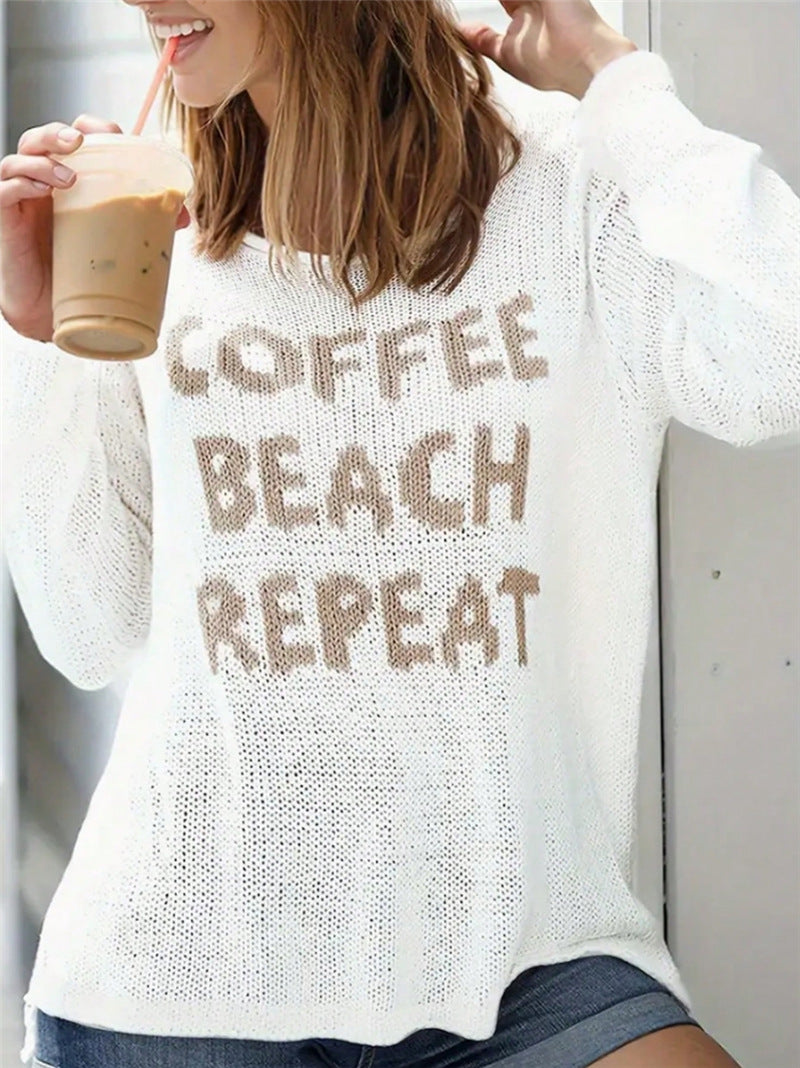 Coffee Slogan Sheer Knit Side Slit Top - White - 2