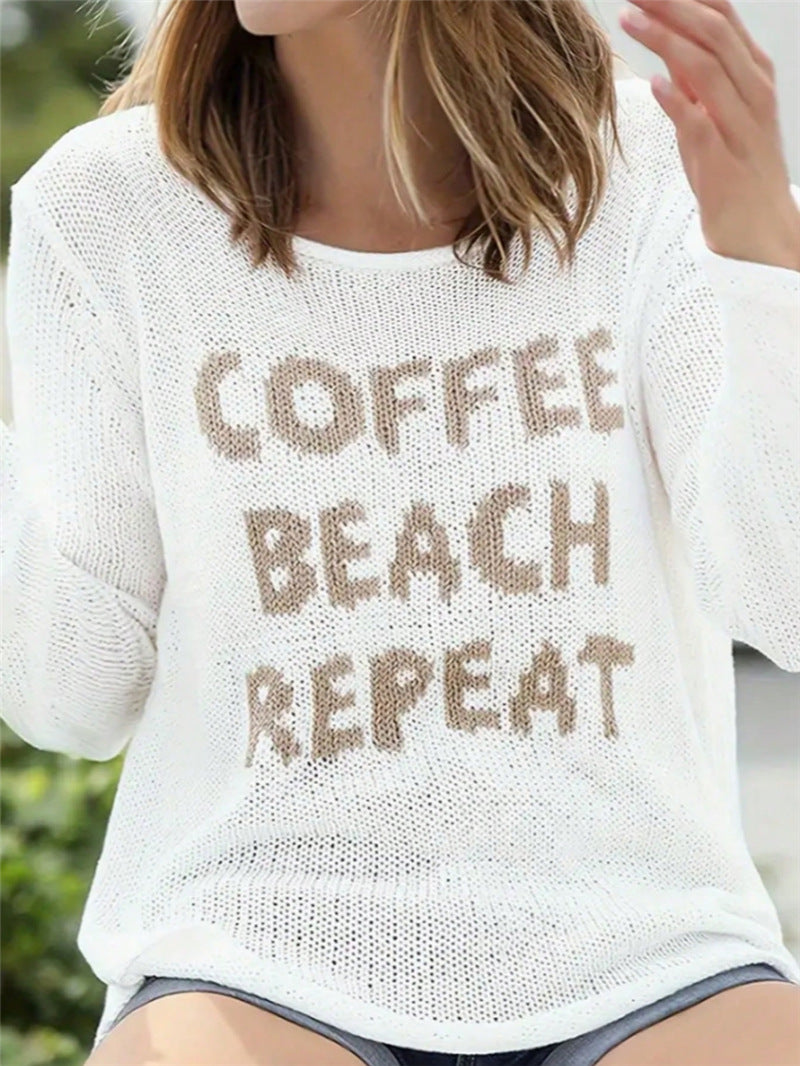 Coffee Slogan Sheer Knit Side Slit Top - White - 3