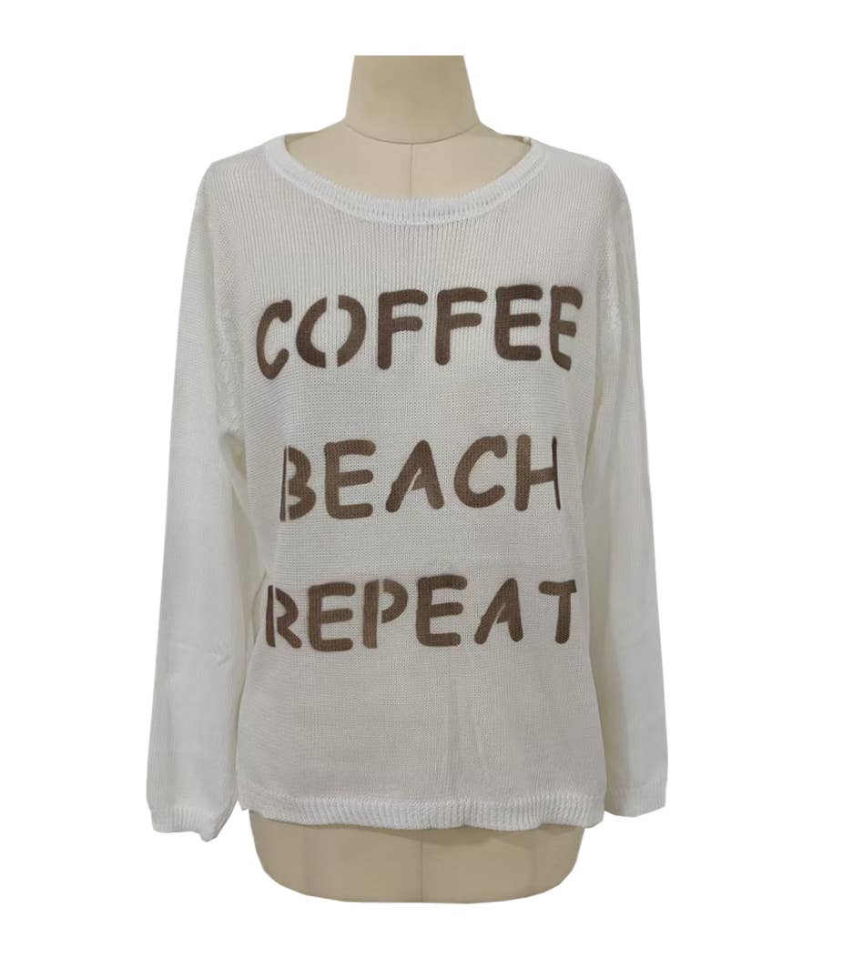 Coffee Slogan Sheer Knit Side Slit Top