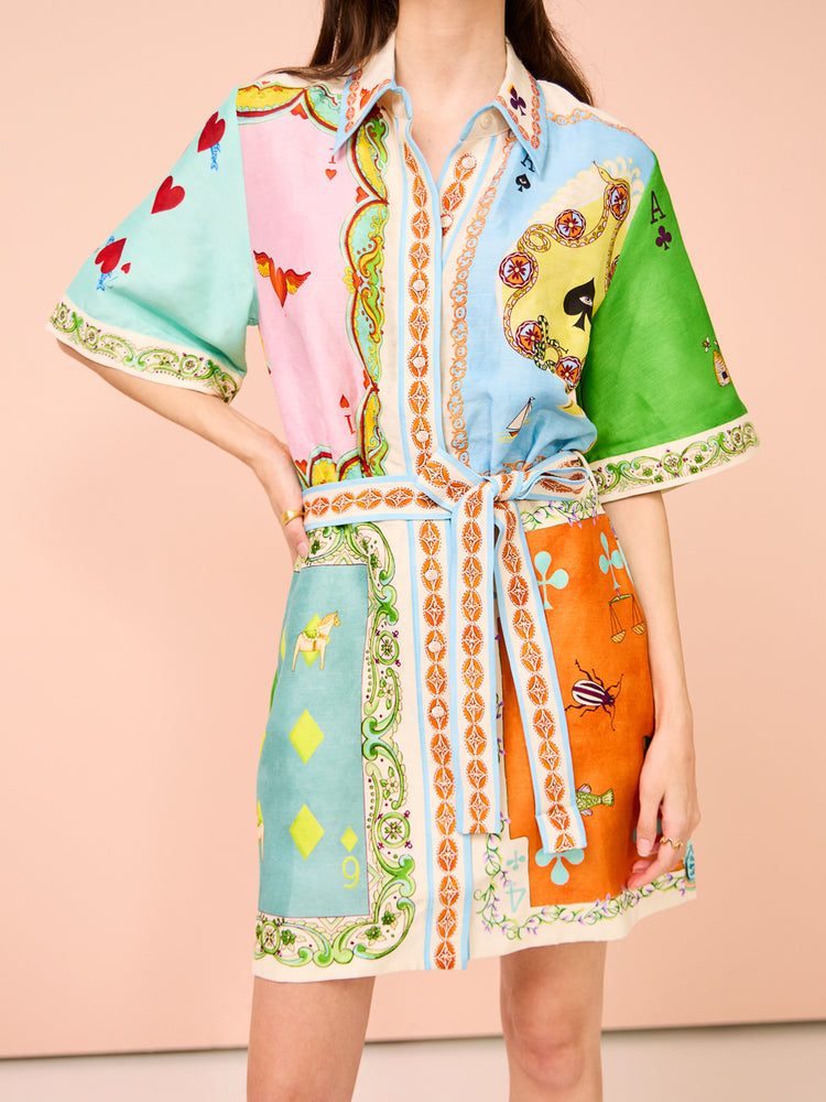 Playing Card Print Belted Shirt Dress - Printed