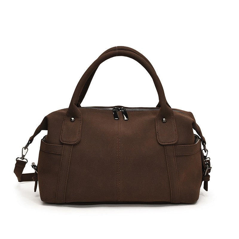 Faux Suede Bowling Bag with Crossbody Strap - Chocolate