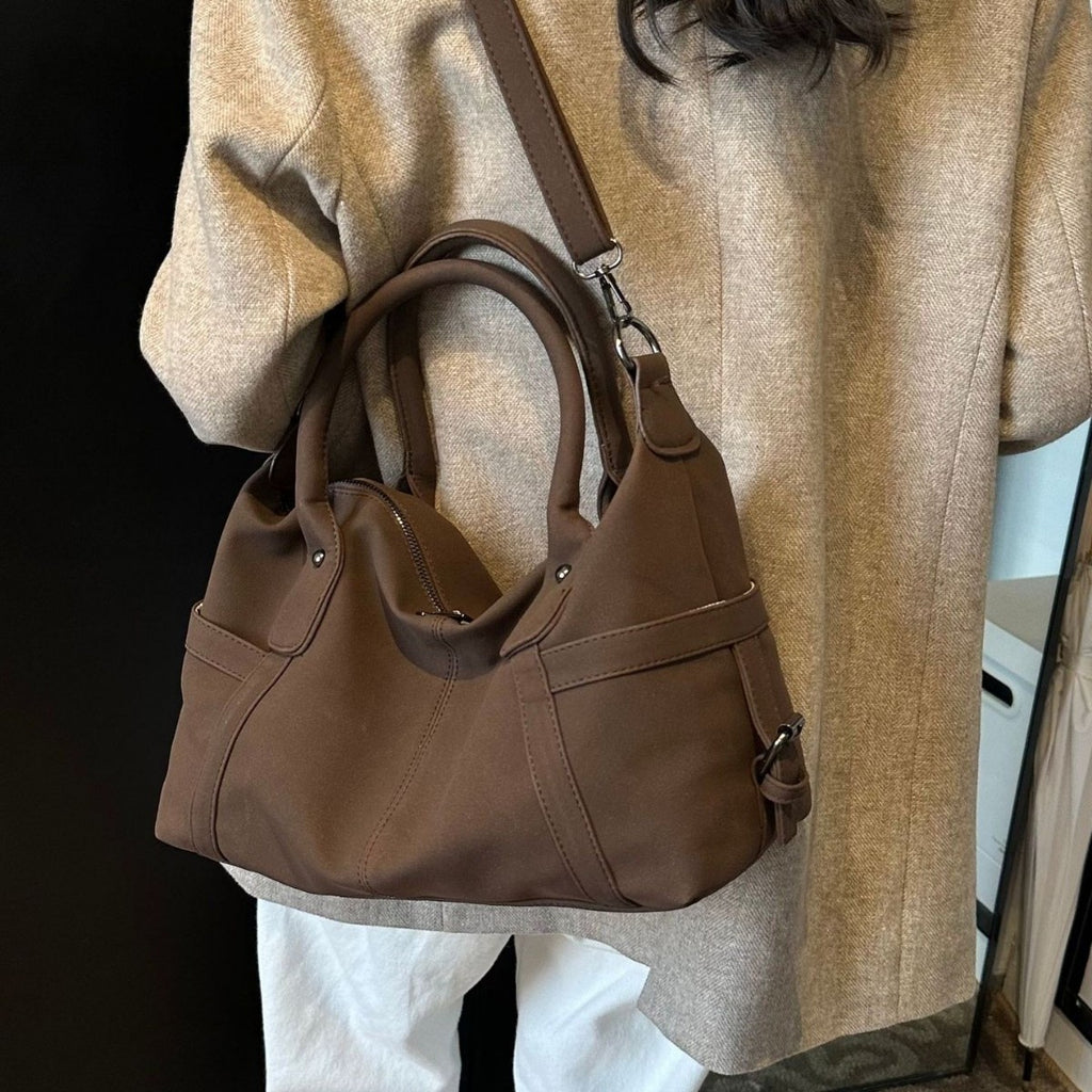 Faux Suede Bowling Bag with Crossbody Strap